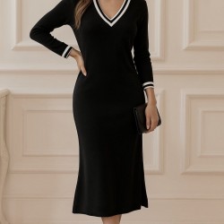 Kadın Uzun Kollu V Ribana Yakalı Yanlardan Yırtmaçlı Midi Viskon Iki Iplik Elbise , 29243 Kadın Uzun Kollu V Ribana Yakalı Yanlardan Yırtmaçlı Midi Viskon Iki Iplik Elbise , 29243