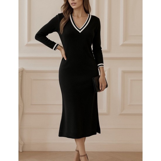 Kadın Uzun Kollu V Ribana Yakalı Yanlardan Yırtmaçlı Midi Viskon Iki Iplik Elbise , 29243 Kadın Uzun Kollu V Ribana Yakalı Yanlardan Yırtmaçlı Midi Viskon Iki Iplik Elbise , 29243