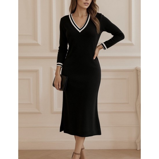 Kadın Uzun Kollu V Ribana Yakalı Yanlardan Yırtmaçlı Midi Viskon Iki Iplik Elbise , 29243 Kadın Uzun Kollu V Ribana Yakalı Yanlardan Yırtmaçlı Midi Viskon Iki Iplik Elbise , 29243