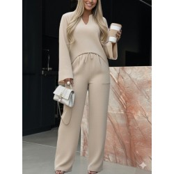 Kadın Uzun Kollu V Yakalı Keten Bluz Bağcıklı Pantolon Ikili Takım , 29241