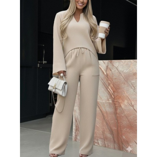 Kadın Uzun Kollu V Yakalı Keten Bluz Bağcıklı Pantolon Ikili Takım , 29241 Kadın Uzun Kollu V Yakalı Keten Bluz Bağcıklı Pantolon Ikili Takım , 29241