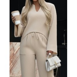 Kadın Uzun Kollu V Yakalı Keten Bluz Bağcıklı Pantolon Ikili Takım , 29241 Kadın Uzun Kollu V Yakalı Keten Bluz Bağcıklı Pantolon Ikili Takım , 29241