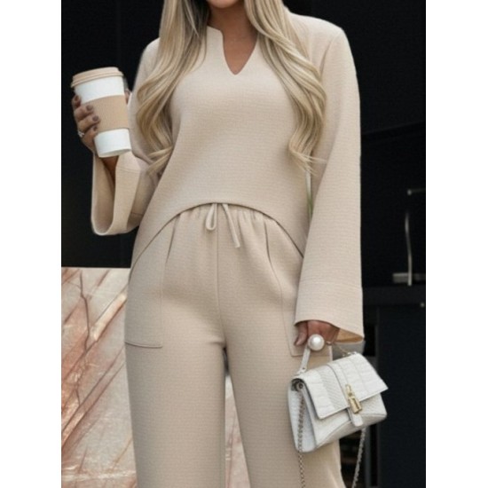Kadın Uzun Kollu V Yakalı Keten Bluz Bağcıklı Pantolon Ikili Takım , 29241 Kadın Uzun Kollu V Yakalı Keten Bluz Bağcıklı Pantolon Ikili Takım , 29241