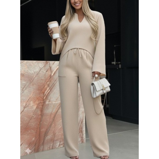 Kadın Uzun Kollu V Yakalı Keten Bluz Bağcıklı Pantolon Ikili Takım , 29241 Kadın Uzun Kollu V Yakalı Keten Bluz Bağcıklı Pantolon Ikili Takım , 29241