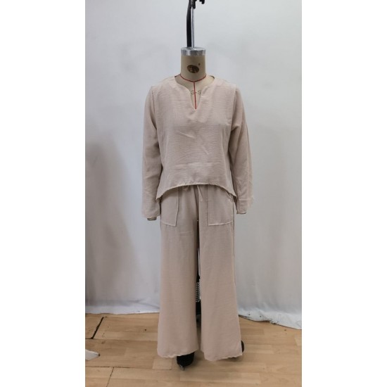 Kadın Uzun Kollu V Yakalı Keten Bluz Bağcıklı Pantolon Ikili Takım , 29241 Kadın Uzun Kollu V Yakalı Keten Bluz Bağcıklı Pantolon Ikili Takım , 29241