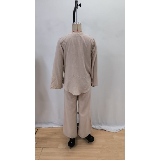 Kadın Uzun Kollu V Yakalı Keten Bluz Bağcıklı Pantolon Ikili Takım , 29241 Kadın Uzun Kollu V Yakalı Keten Bluz Bağcıklı Pantolon Ikili Takım , 29241