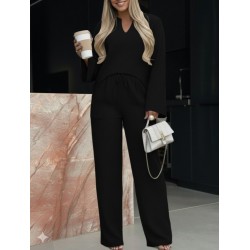 Kadın Uzun Kollu V Yakalı Keten Bluz Bağcıklı Pantolon Ikili Takım , 29240