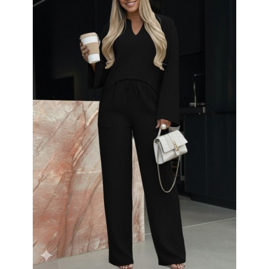 Kadın Uzun Kollu V Yakalı Keten Bluz Bağcıklı Pantolon Ikili Takım , 29240 Kadın Uzun Kollu V Yakalı Keten Bluz Bağcıklı Pantolon Ikili Takım , 29240