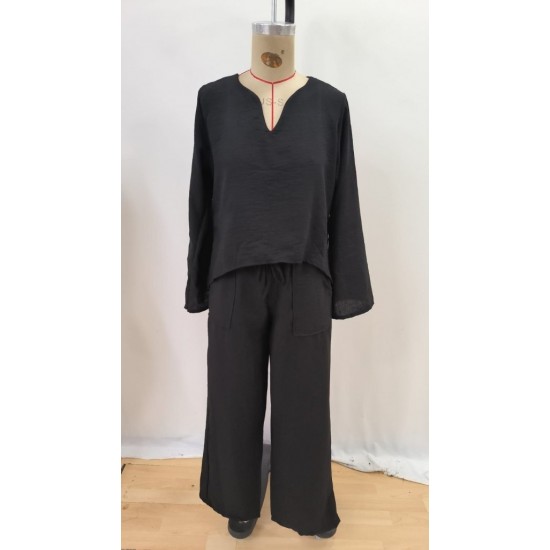 Kadın Uzun Kollu V Yakalı Keten Bluz Bağcıklı Pantolon Ikili Takım , 29240 Kadın Uzun Kollu V Yakalı Keten Bluz Bağcıklı Pantolon Ikili Takım , 29240