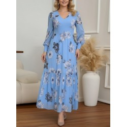 Kadın Uzun Kollu V Yakalı çiçek Desenli Maxi Süprem Elbise , 29238