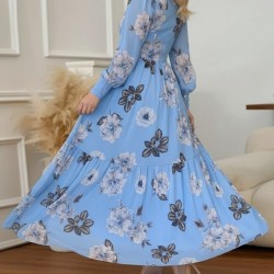 Kadın Uzun Kollu V Yakalı çiçek Desenli Maxi Süprem Elbise , 29238