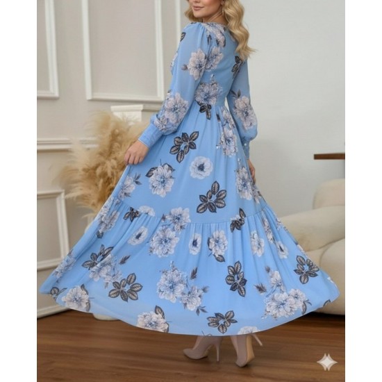 Kadın Uzun Kollu V Yakalı çiçek Desenli Maxi Süprem Elbise , 29238