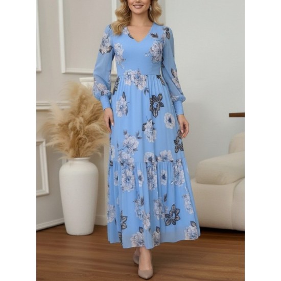 Kadın Uzun Kollu V Yakalı çiçek Desenli Maxi Süprem Elbise , 29238