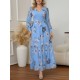 Kadın Uzun Kollu V Yakalı çiçek Desenli Maxi Süprem Elbise , 29238