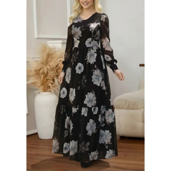 Kadın Uzun Kollu V Yakalı çiçek Desenli Maxi Süprem Elbise , 29237