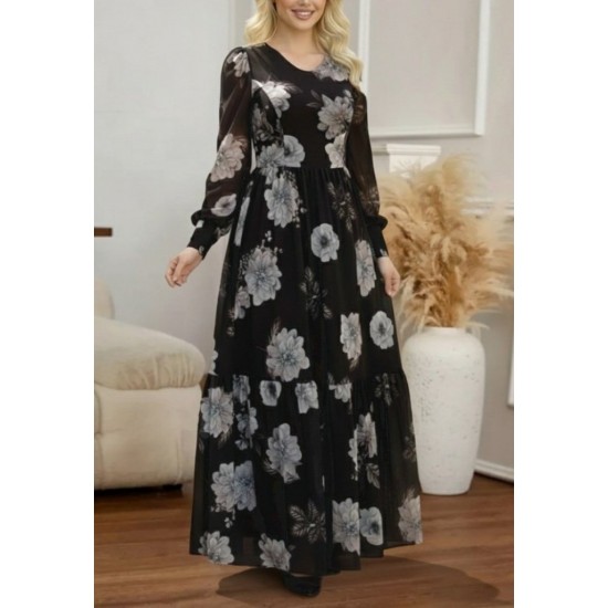 Kadın Uzun Kollu V Yakalı çiçek Desenli Maxi Süprem Elbise , 29237