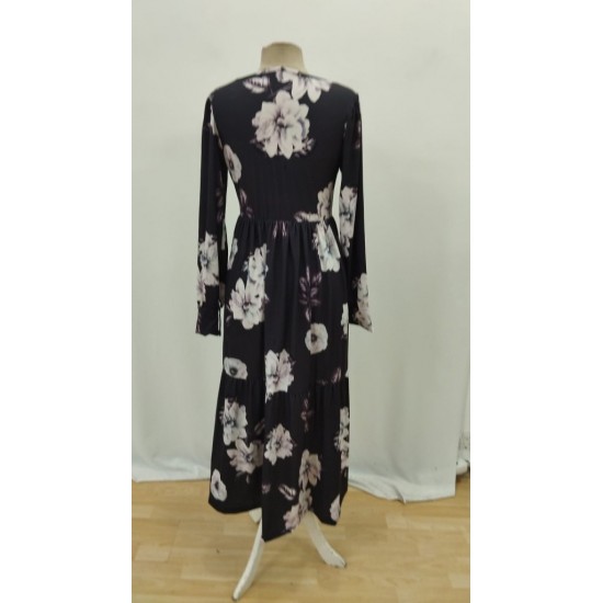 Kadın Uzun Kollu V Yakalı çiçek Desenli Maxi Süprem Elbise , 29237