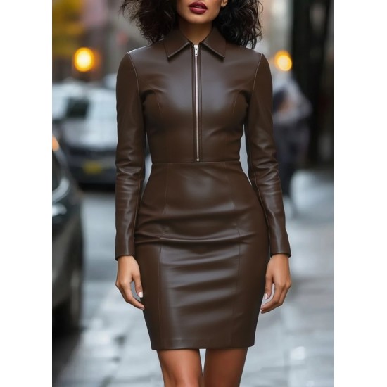 Kadın Uzun Kollu Yakalı Fermuarlı Mini Deri Elbise , 29234 Kadın Uzun Kollu Yakalı Fermuarlı Mini Deri Elbise , 29234
