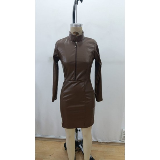 Kadın Uzun Kollu Yakalı Fermuarlı Mini Deri Elbise , 29234 Kadın Uzun Kollu Yakalı Fermuarlı Mini Deri Elbise , 29234