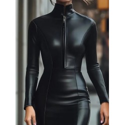 Kadın Uzun Kollu Yakalı Fermuarlı Mini Deri Elbise , 29233 Kadın Uzun Kollu Yakalı Fermuarlı Mini Deri Elbise , 29233