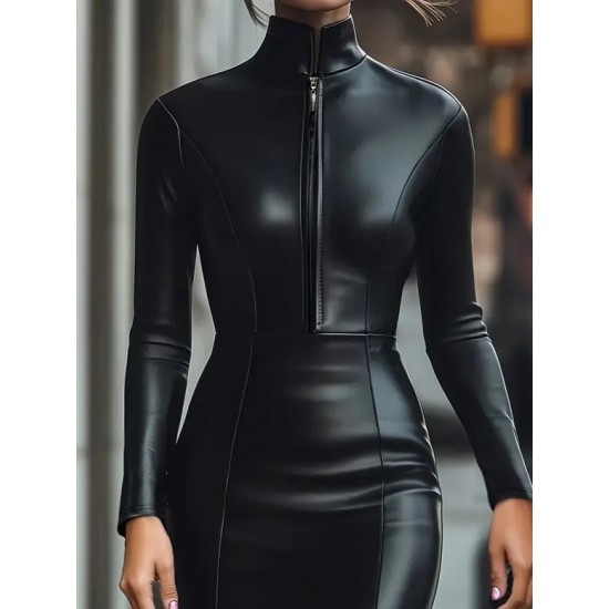 Kadın Uzun Kollu Yakalı Fermuarlı Mini Deri Elbise , 29233 Kadın Uzun Kollu Yakalı Fermuarlı Mini Deri Elbise , 29233