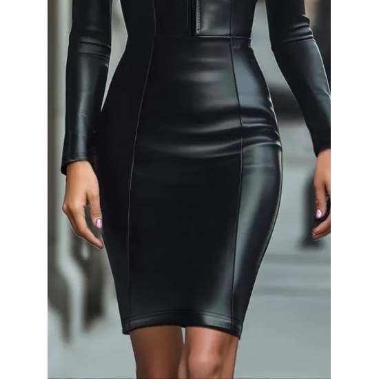 Kadın Uzun Kollu Yakalı Fermuarlı Mini Deri Elbise , 29233 Kadın Uzun Kollu Yakalı Fermuarlı Mini Deri Elbise , 29233