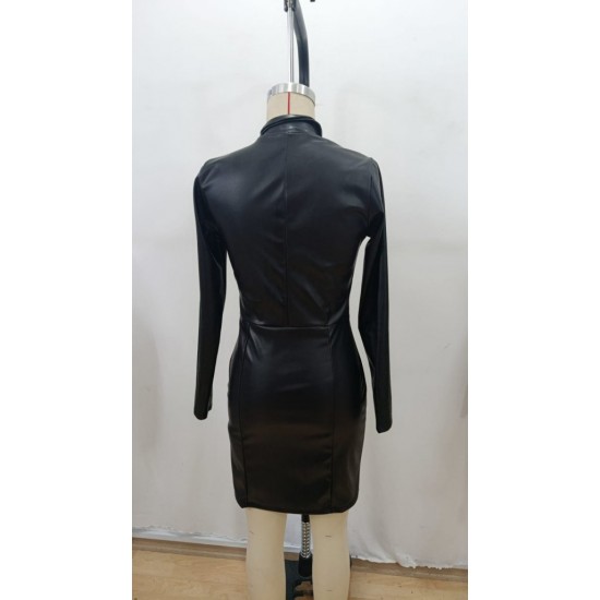 Kadın Uzun Kollu Yakalı Fermuarlı Mini Deri Elbise , 29233 Kadın Uzun Kollu Yakalı Fermuarlı Mini Deri Elbise , 29233