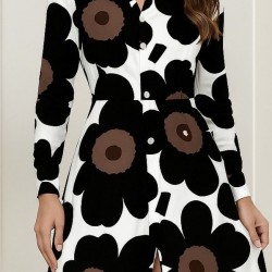 Kadın Yakalı önden Düğmeli çiçek Desenli Uzun Süprem Elbise , 29244