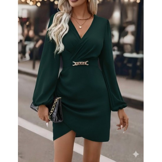 Kadın Uzun Kollu Kruvaze Yaka Yandan Büzgülü Asimetrik Detaylı Ithal Krep Mini Elbise, 29264 Kadın Uzun Kollu Kruvaze Yaka Yandan Büzgülü Asimetrik Detaylı Ithal Krep Mini Elbise, 29264