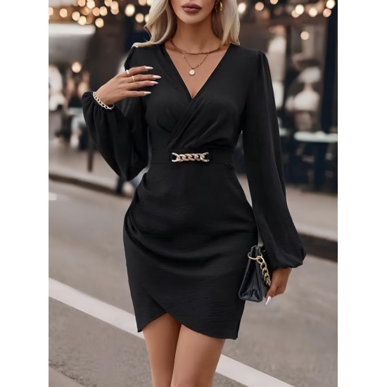 Kadın Uzun Kollu Kruvaze Yaka Yandan Büzgülü Asimetrik Detaylı Ithal Krep Mini Elbise, 29265