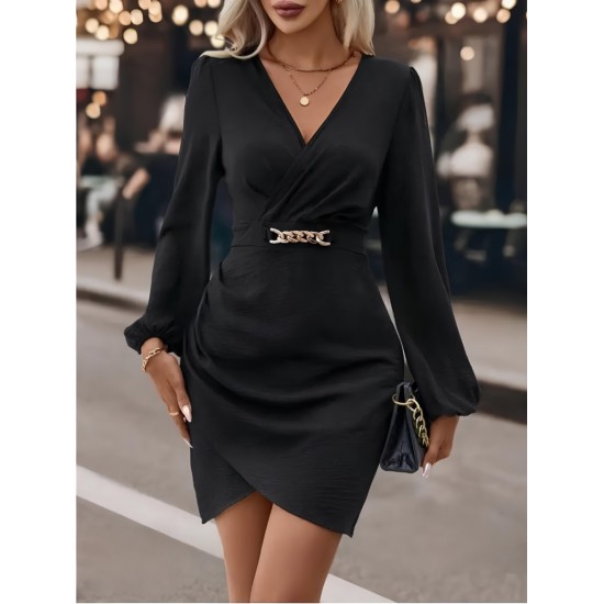 Kadın Uzun Kollu Kruvaze Yaka Yandan Büzgülü Asimetrik Detaylı Ithal Krep Mini Elbise, 29265