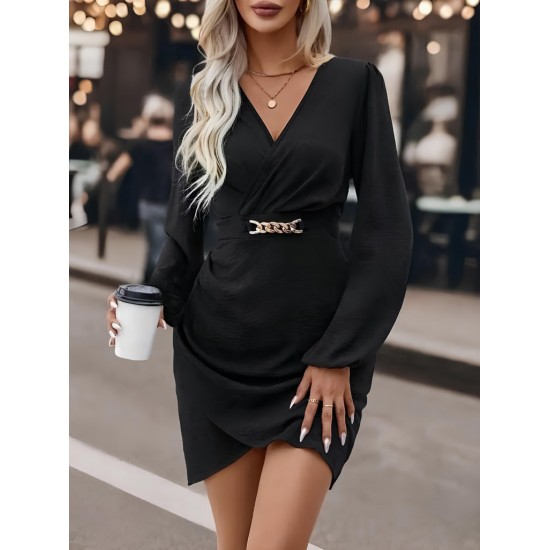 Kadın Uzun Kollu Kruvaze Yaka Yandan Büzgülü Asimetrik Detaylı Ithal Krep Mini Elbise, 29265