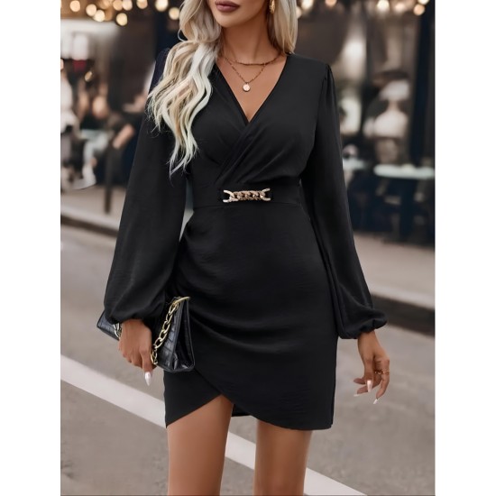 Kadın Uzun Kollu Kruvaze Yaka Yandan Büzgülü Asimetrik Detaylı Ithal Krep Mini Elbise, 29265