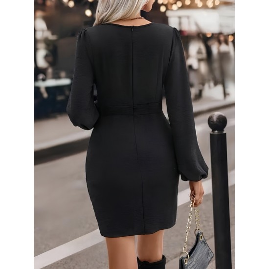 Kadın Uzun Kollu Kruvaze Yaka Yandan Büzgülü Asimetrik Detaylı Ithal Krep Mini Elbise, 29265