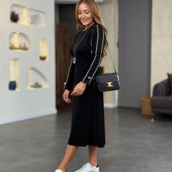 Kadın Uzun Kollu Bisiklet Yaka Midi Modal Elbise , 29268