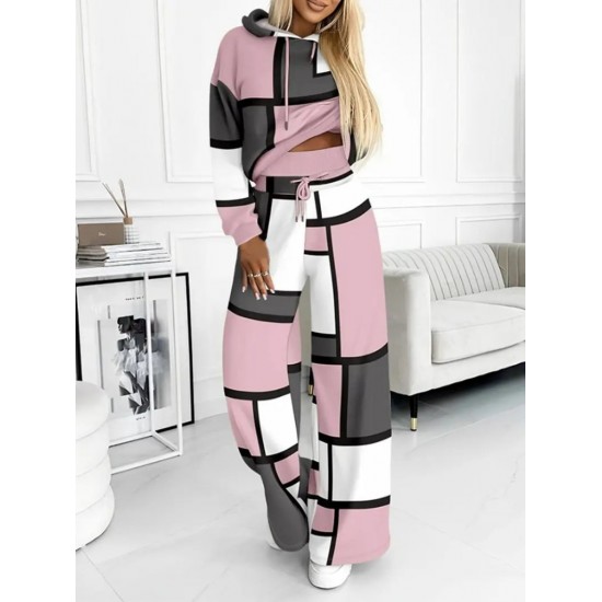 Kadın Uzun Kollu Kapşonlu Bağcıklı Desenli Iki Iplik Bluz Ve Pantolon Ikili Takım , 29276
