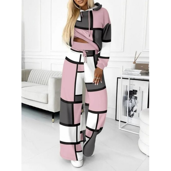 Kadın Uzun Kollu Kapşonlu Bağcıklı Desenli Iki Iplik Bluz Ve Pantolon Ikili Takım , 29276