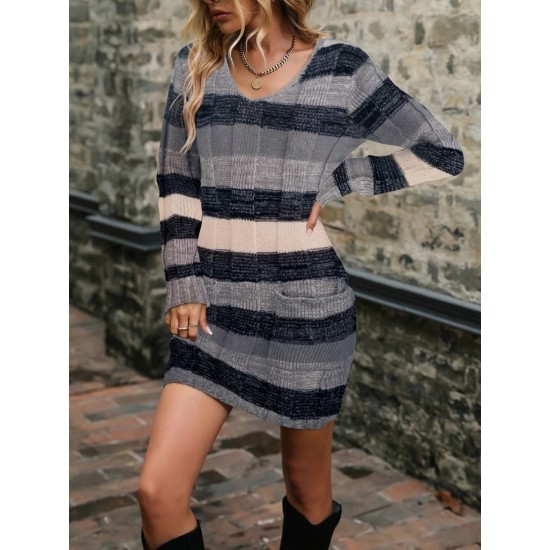 Kadın Uzun Kollu V Yakalı çizgili çok Renkli Triko Mini Elbise, 29272 Kadın Uzun Kollu V Yakalı çizgili çok Renkli Triko Mini Elbise, 29272
