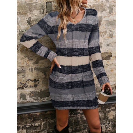 Kadın Uzun Kollu V Yakalı çizgili çok Renkli Triko Mini Elbise, 29272 Kadın Uzun Kollu V Yakalı çizgili çok Renkli Triko Mini Elbise, 29272