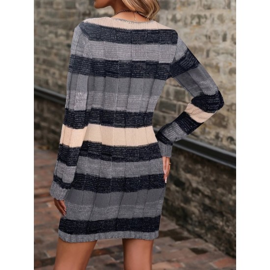 Kadın Uzun Kollu V Yakalı çizgili çok Renkli Triko Mini Elbise, 29272 Kadın Uzun Kollu V Yakalı çizgili çok Renkli Triko Mini Elbise, 29272