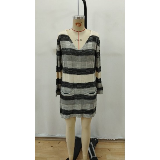 Kadın Uzun Kollu V Yakalı çizgili çok Renkli Triko Mini Elbise, 29272 Kadın Uzun Kollu V Yakalı çizgili çok Renkli Triko Mini Elbise, 29272