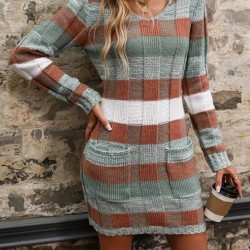 Kadın Uzun Kollu V Yakalı çizgili çok Renkli Triko Mini Elbise, 29271