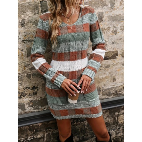 Kadın Uzun Kollu V Yakalı çizgili çok Renkli Triko Mini Elbise, 29271 Kadın Uzun Kollu V Yakalı çizgili çok Renkli Triko Mini Elbise, 29271