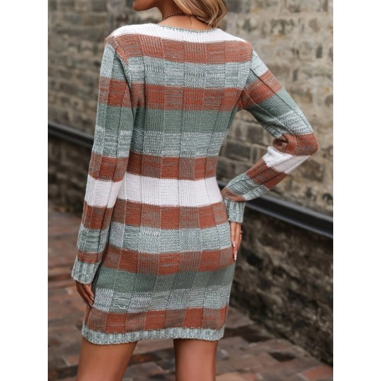 Kadın Uzun Kollu V Yakalı çizgili çok Renkli Triko Mini Elbise, 29271 Kadın Uzun Kollu V Yakalı çizgili çok Renkli Triko Mini Elbise, 29271