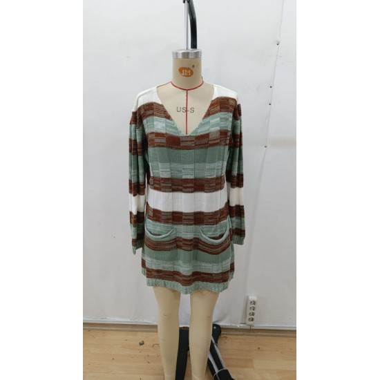 Kadın Uzun Kollu V Yakalı çizgili çok Renkli Triko Mini Elbise, 29271 Kadın Uzun Kollu V Yakalı çizgili çok Renkli Triko Mini Elbise, 29271