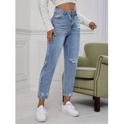 Kadın Açık Mavi Yırtık Mom Fit Kot Pantolon , 29313