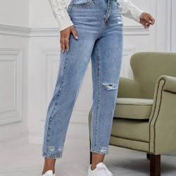 Kadın Açık Mavi Yırtık Mom Fit Kot Pantolon , 29313 Kadın Açık Mavi Yırtık Mom Fit Kot Pantolon , 29313