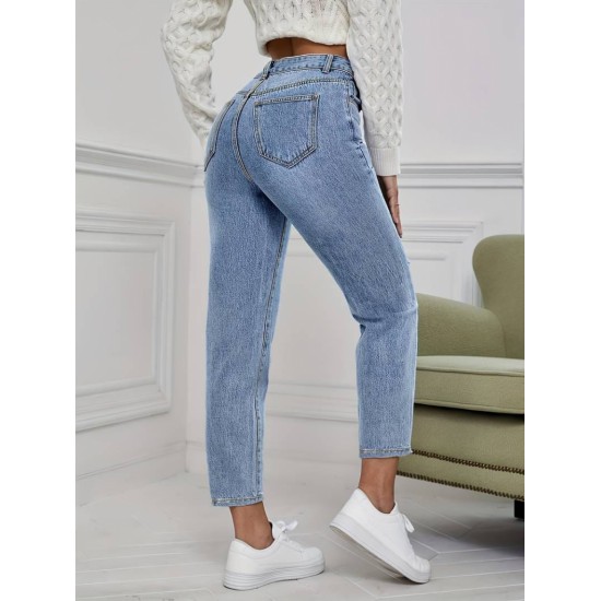 Kadın Açık Mavi Yırtık Mom Fit Kot Pantolon , 29313