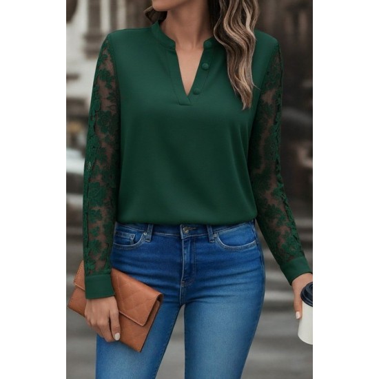 Kadın Uzun Kollu Yaka Düğme Detay Güpürlü Kol Krep Bluz, 29312