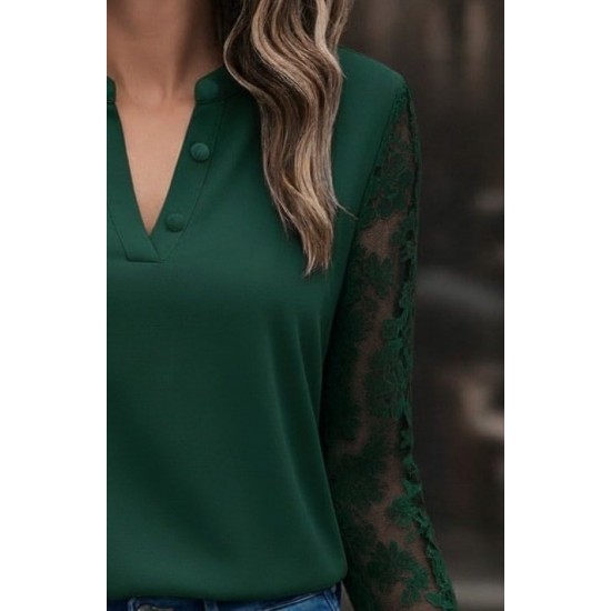 Kadın Uzun Kollu Yaka Düğme Detay Güpürlü Kol Krep Bluz, 29312